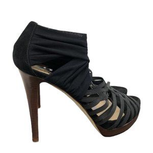 Fendi strappy canvas + suede ankle wrap high heels black w/ brown wood base 38.5